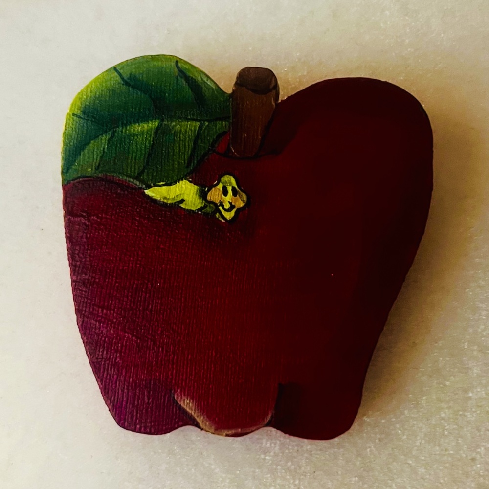 Vintage wooden red apple with cute worm brooch EUC